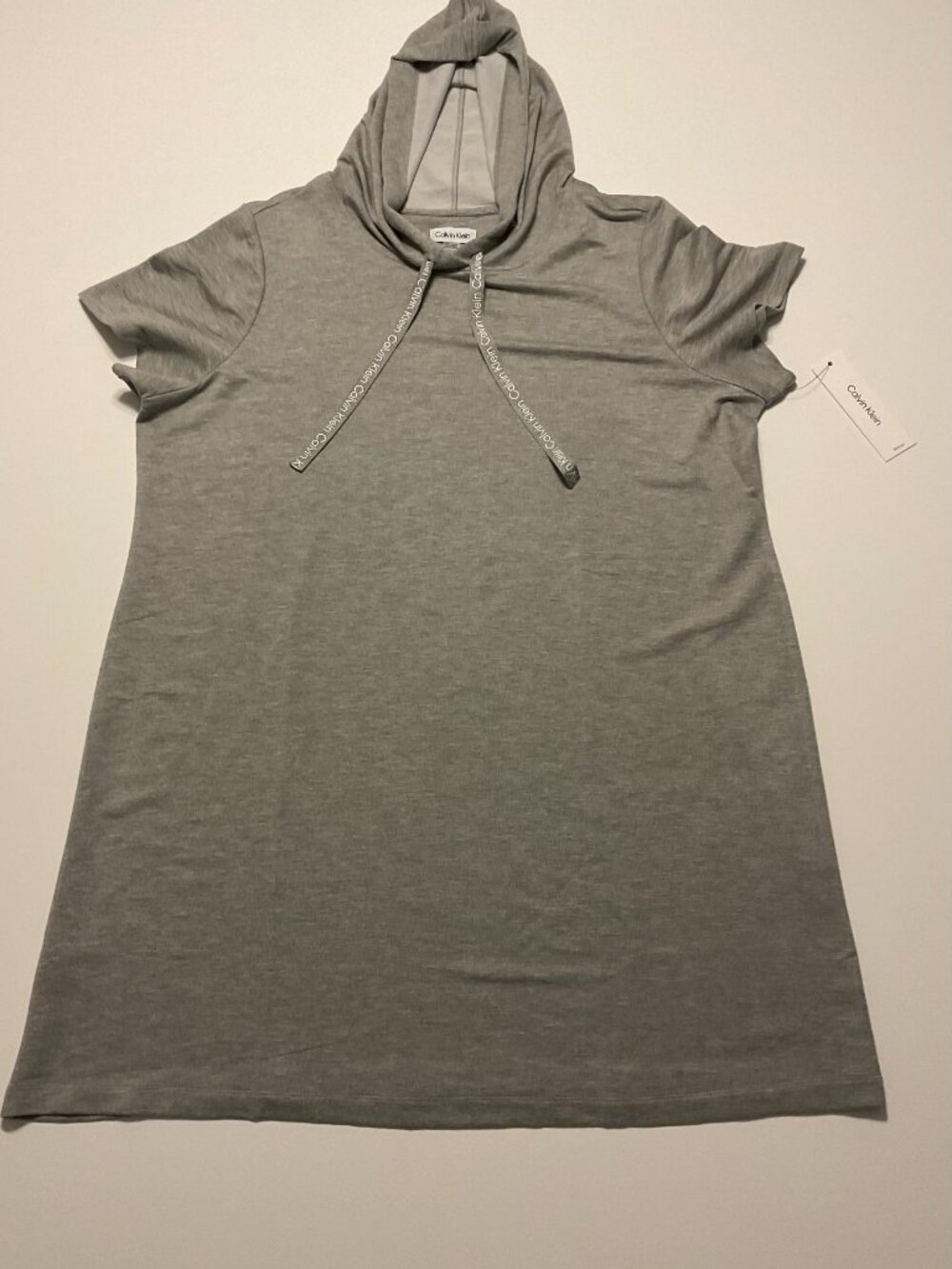 Calvin Klein Womens Plus 1X Hoodie Dress Gray Short Sleeve Logo Drawstring NWT